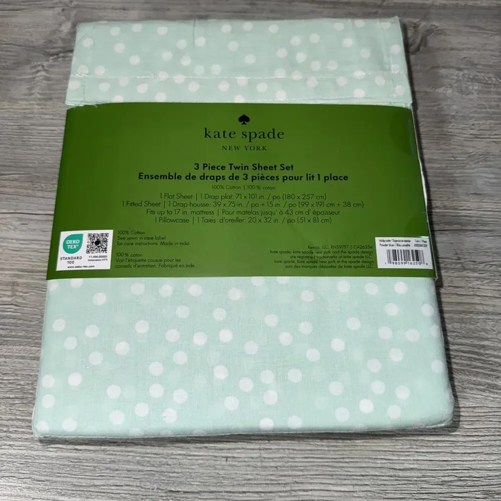 Kate Spade New York 3 Piece Twin Sheet Set 100% Cotton Powder Blue W/ Polka Dots